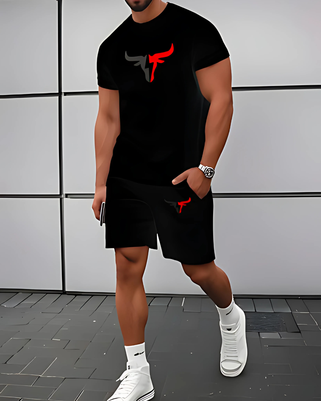 Unisex Athletic T-Shirt & Shorts Set – Bull Logo Design