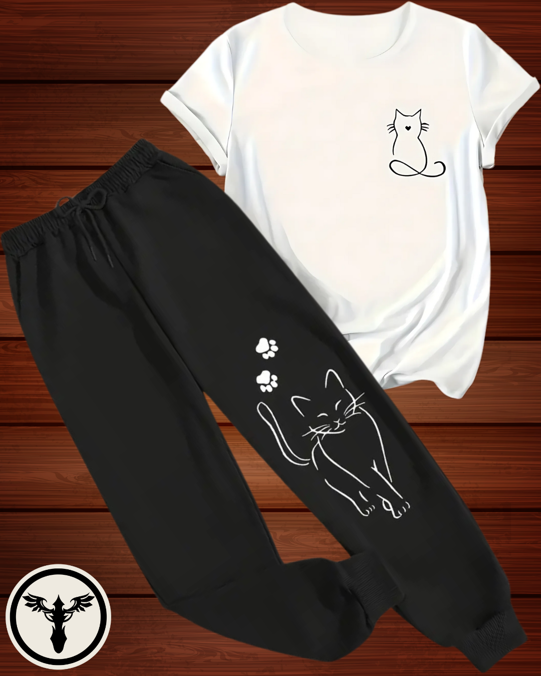 Cute Cat Print 2-Piece Summer Set – Women’s T-Shirt & Trouser Combo