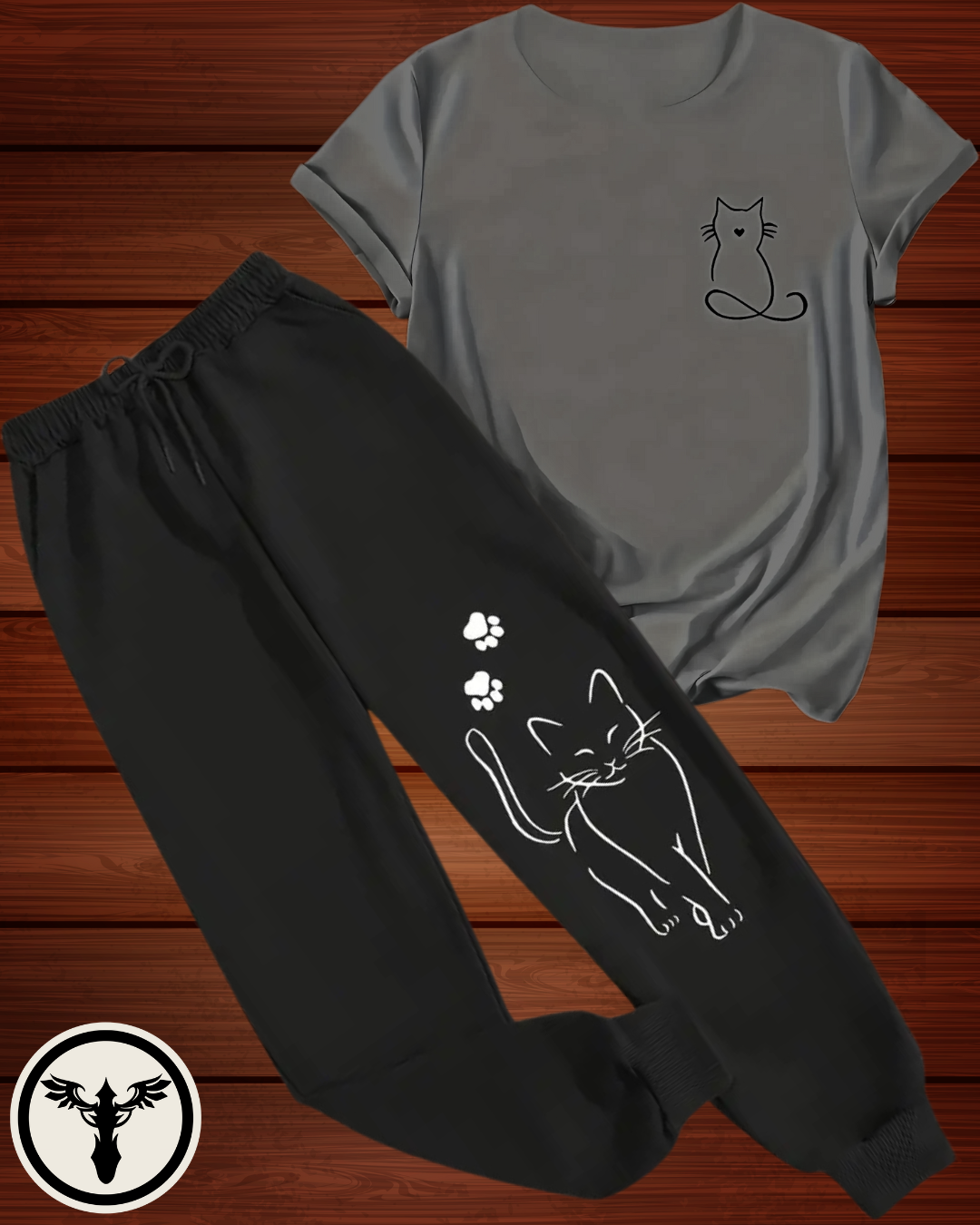 Cute Cat Print 2-Piece Summer Set – Women’s T-Shirt & Trouser Combo
