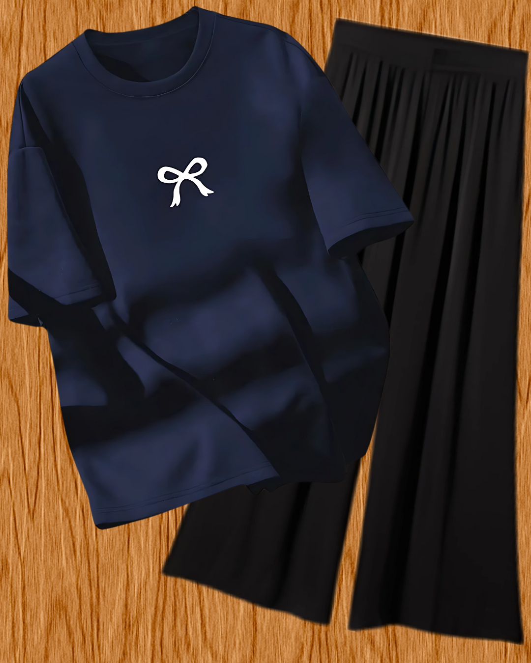 Girls' Bow Print T-Shirt & Wide Leg Pajama Set - Comfortable Loungewear