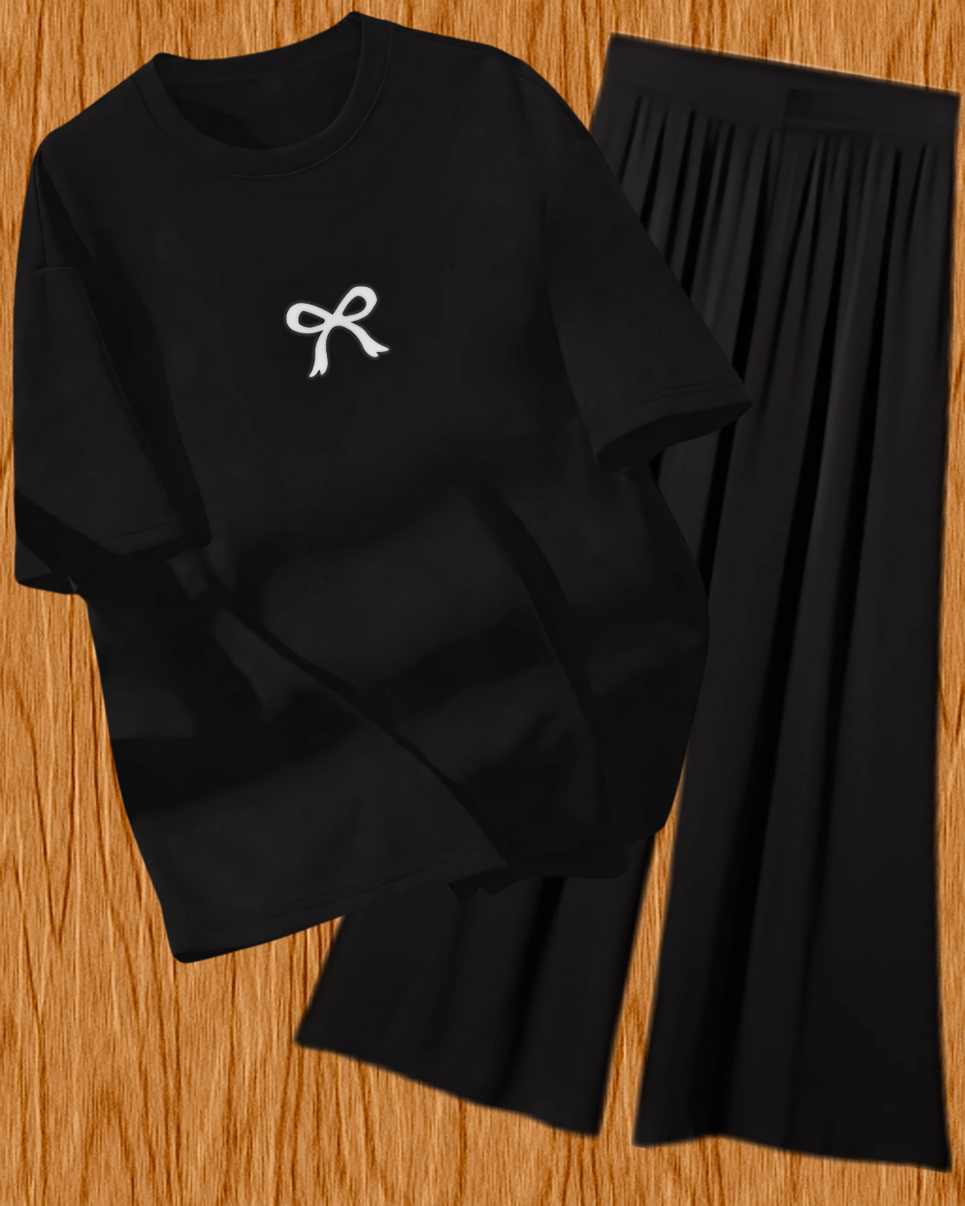 Girls' Bow Print T-Shirt & Wide Leg Pajama Set - Comfortable Loungewear