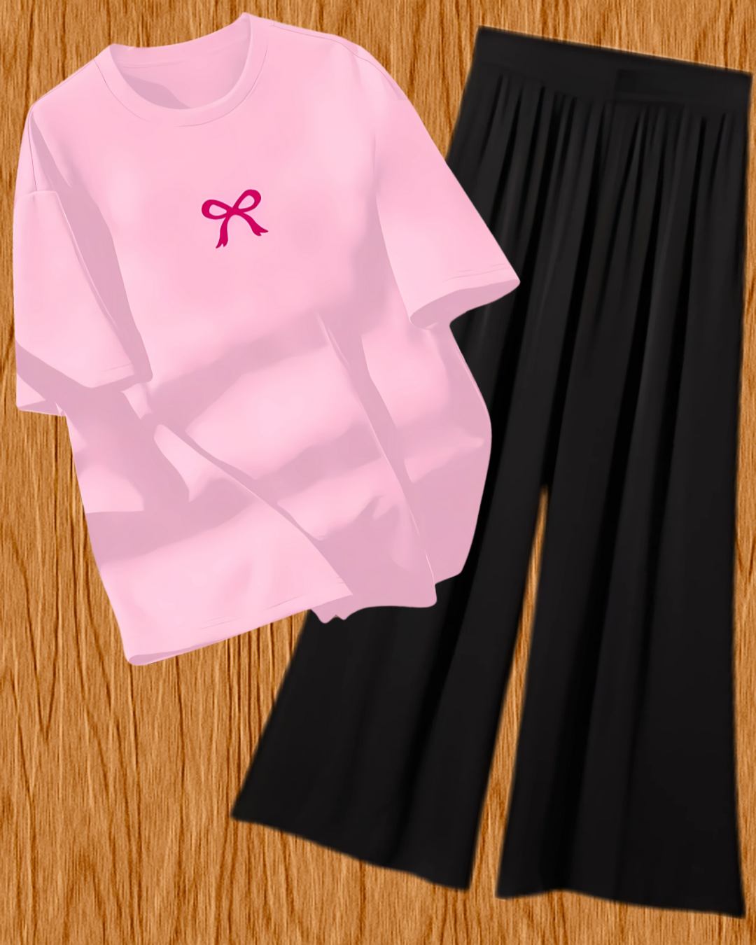 Girls' Bow Print T-Shirt & Wide Leg Pajama Set - Comfortable Loungewear