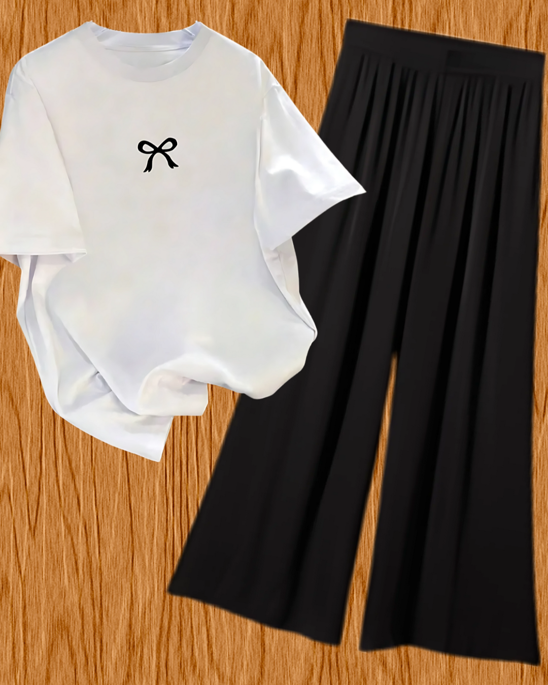 Girls' Bow Print T-Shirt & Wide Leg Pajama Set - Comfortable Loungewear