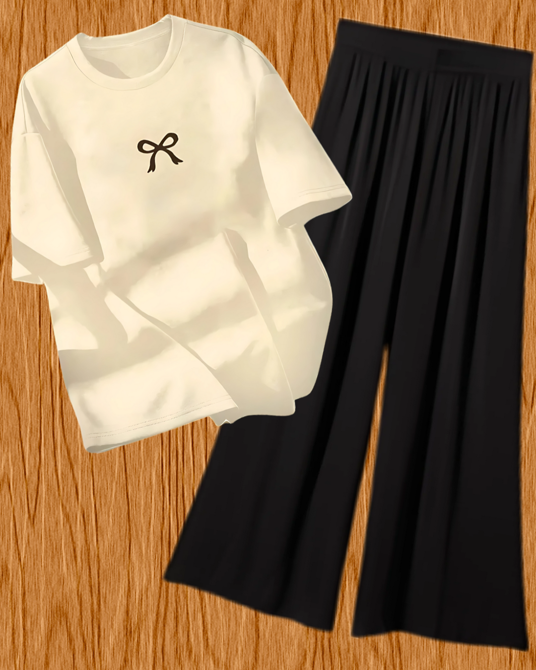 Girls' Bow Print T-Shirt & Wide Leg Pajama Set - Comfortable Loungewear
