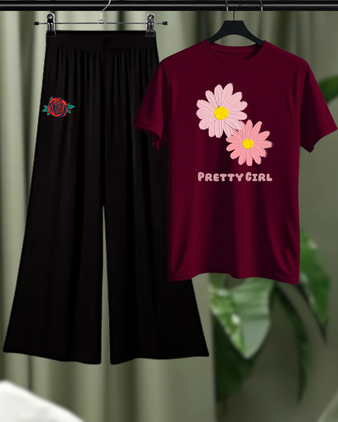 Pretty Girl Floral Loungewear Set – T-Shirt & Wide-Leg Pants