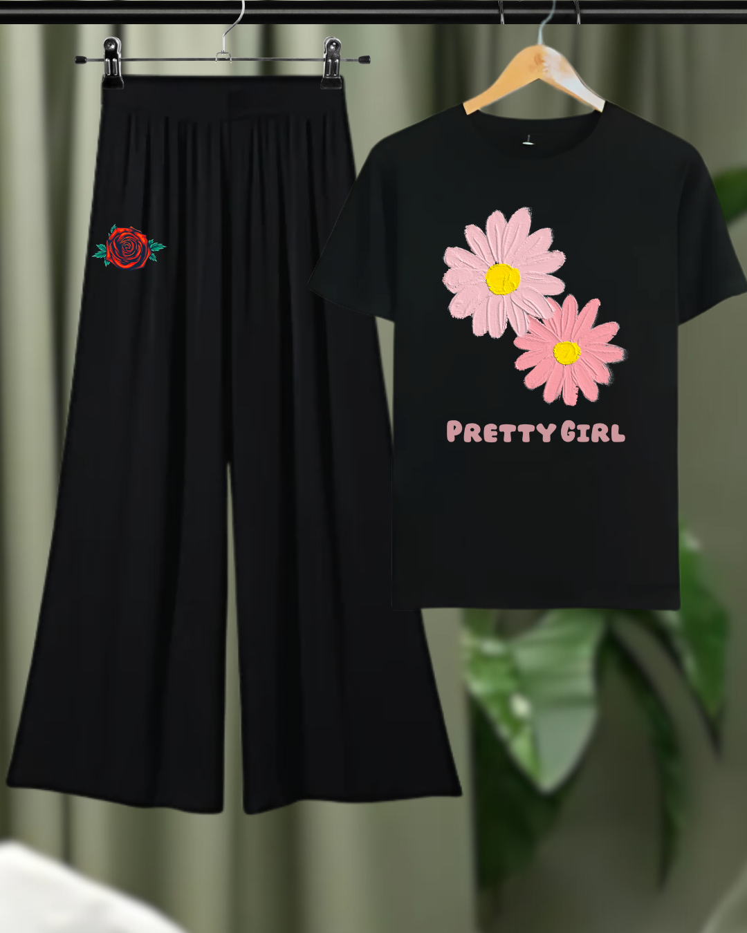 Pretty Girl Floral Loungewear Set – T-Shirt & Wide-Leg Pants