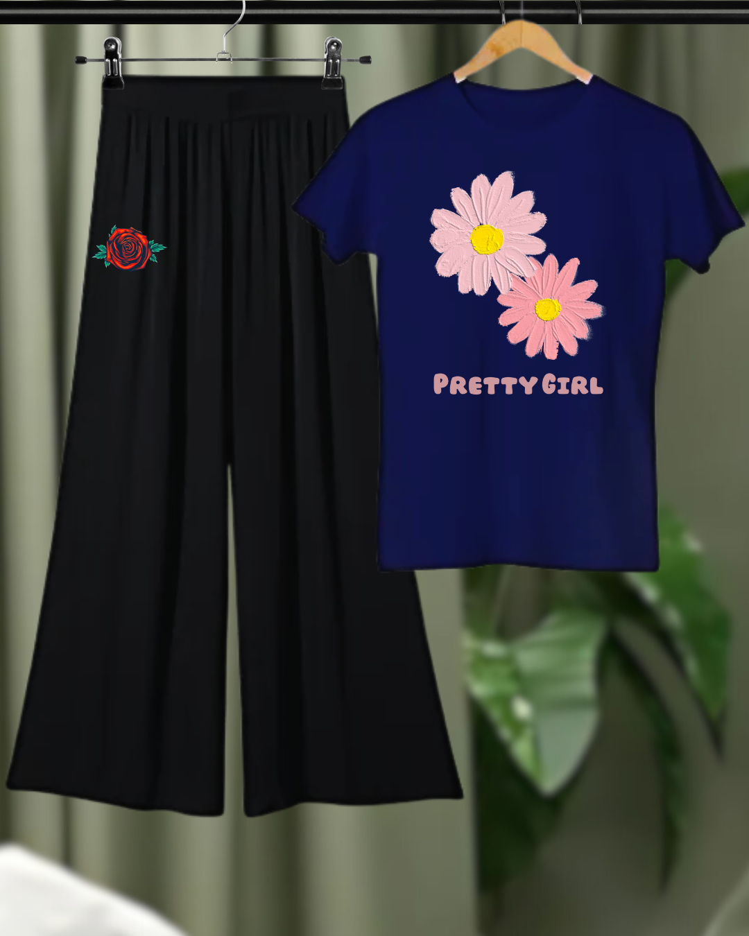 Pretty Girl Floral Loungewear Set – T-Shirt & Wide-Leg Pants