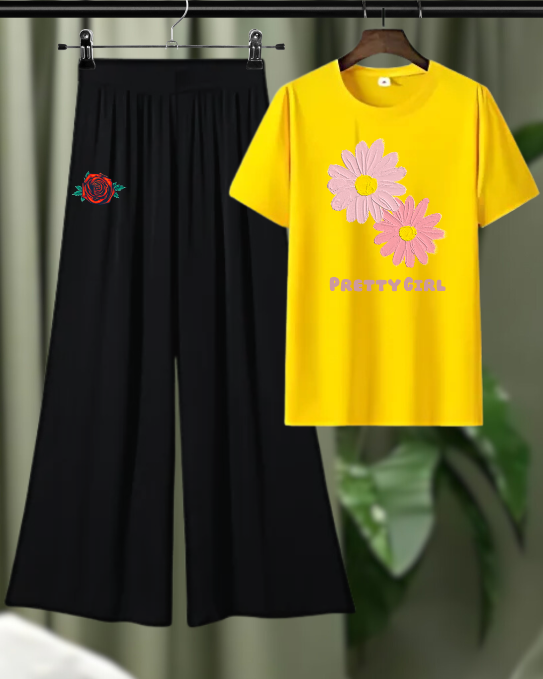 Pretty Girl Floral Loungewear Set – T-Shirt & Wide-Leg Pants