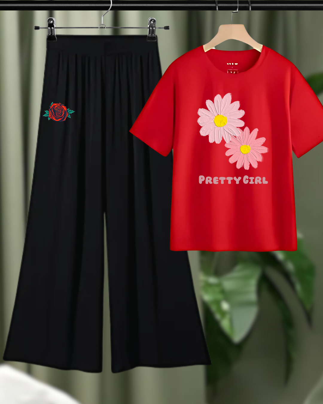 Pretty Girl Floral Loungewear Set – T-Shirt & Wide-Leg Pants