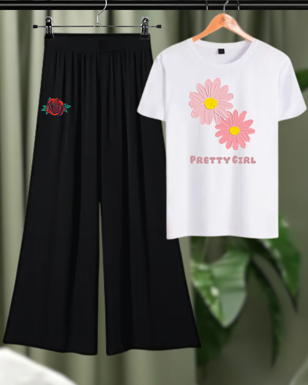 Pretty Girl Floral Loungewear Set – T-Shirt & Wide-Leg Pants