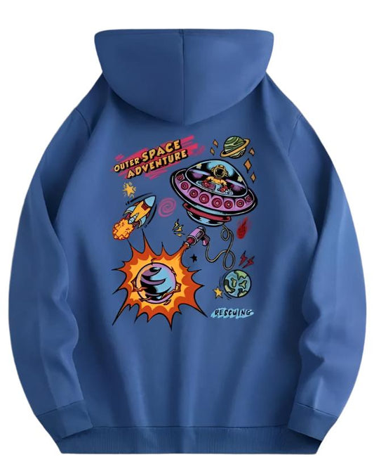 A royal blue hoodie with a graphic design of outer space.