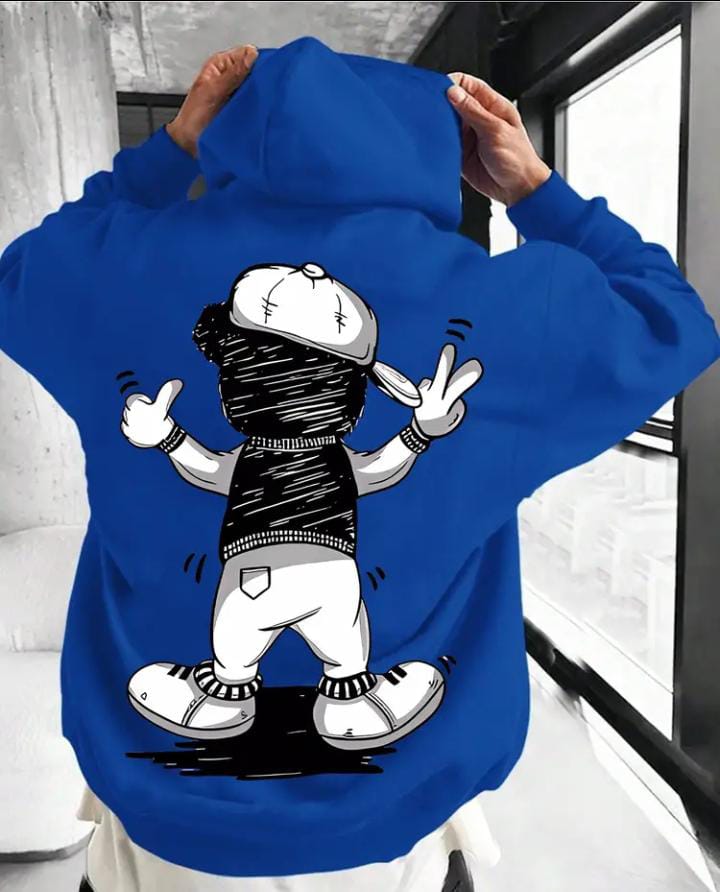 A royal blue hoodie with a cartoon graphic design.