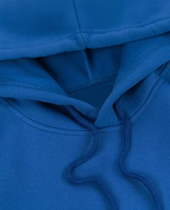 A royal blue hoodie with a cartoon graphic design.