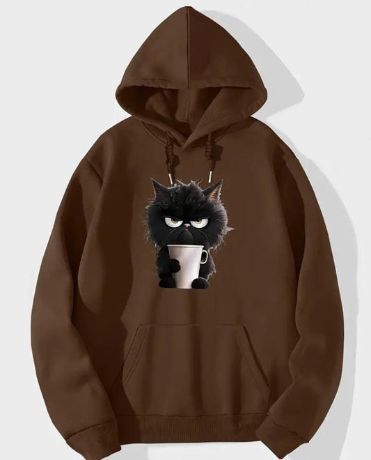 A brown hoodie with a black cat graphic.