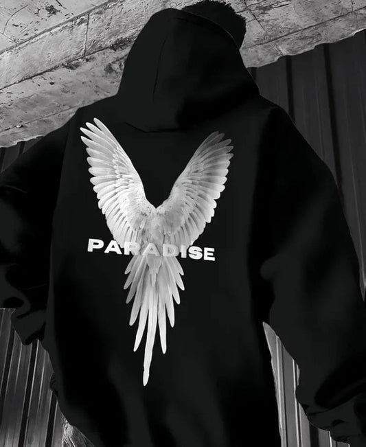 Black Zipper Hoodie with Bold Winged 'Paradise' Design