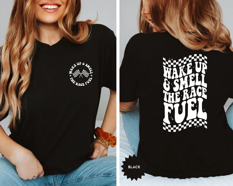 Women’s Race Day Checkered Flag T-Shirt – Motor Racing Fan Tee