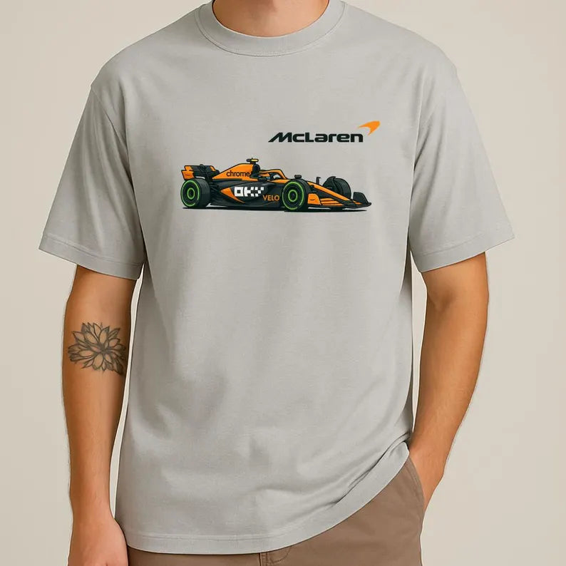 McLaren-Inspired Cartoon F1 Car T-Shirt – Formula 1 Fan Tee | Motorsport Graphic Shirt | F1 Gift for Him or Her