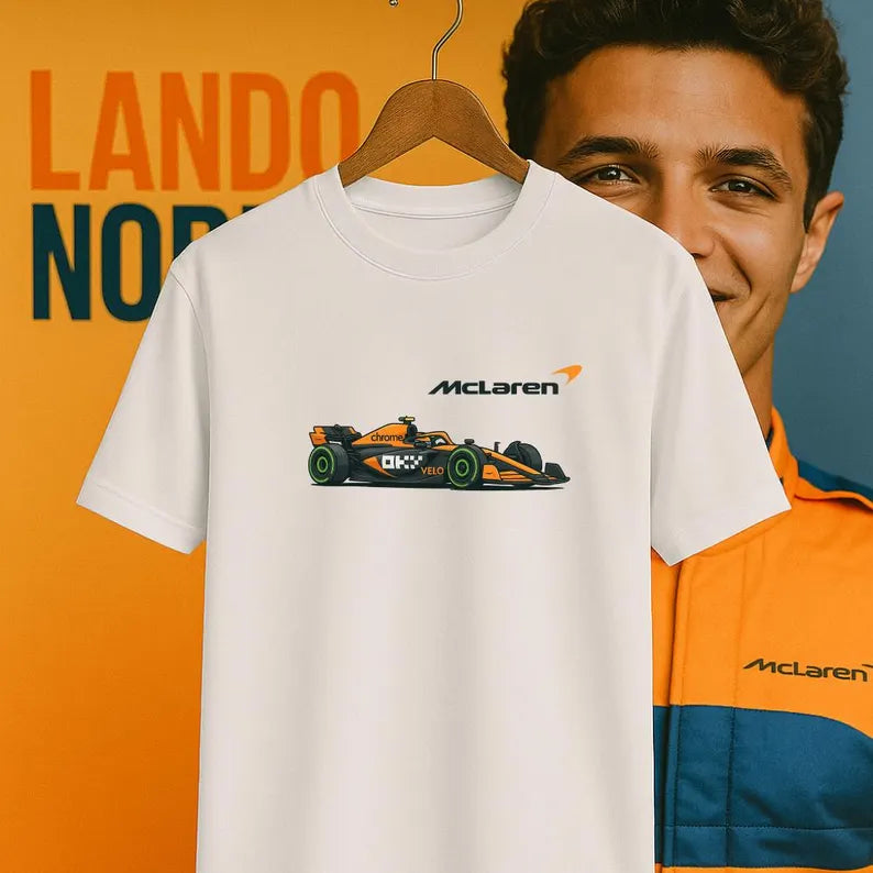 McLaren-Inspired Cartoon F1 Car T-Shirt – Formula 1 Fan Tee | Motorsport Graphic Shirt | F1 Gift for Him or Her
